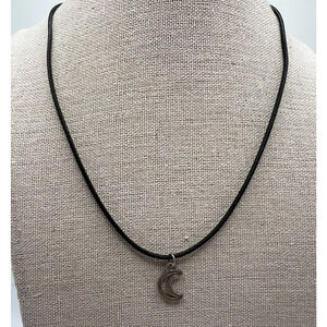 90s black cord silver tone open crescent moon pendant‎ necklace witchy celestial